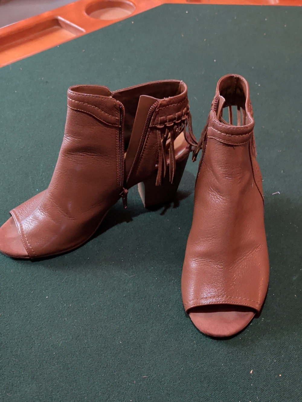 Nine West Brown Peep-Toe Fringe Ankle Boots